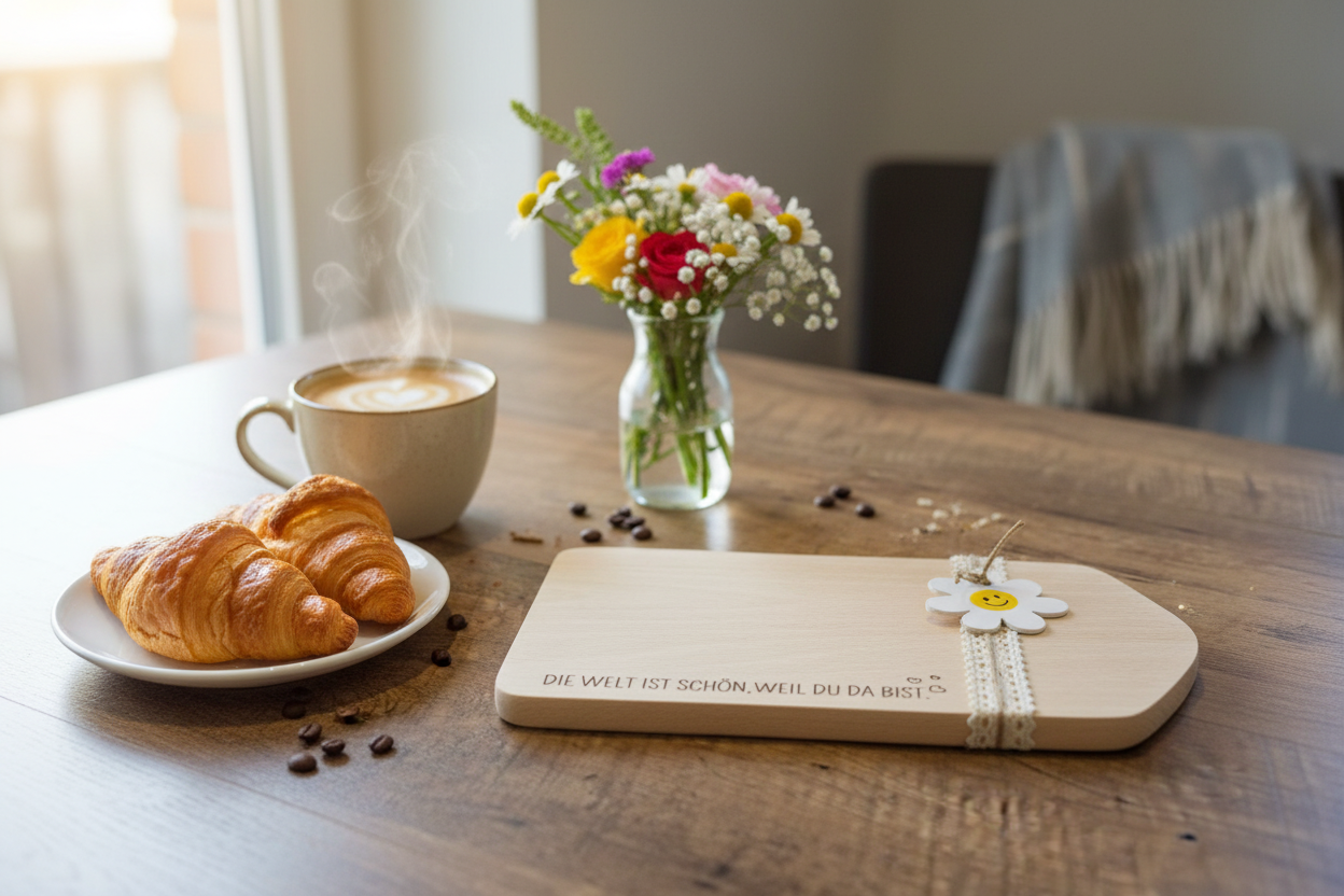 Frühstücksbrett Die Welt ist schön weil du da bist auf Frühstückstisch mit Kaffee