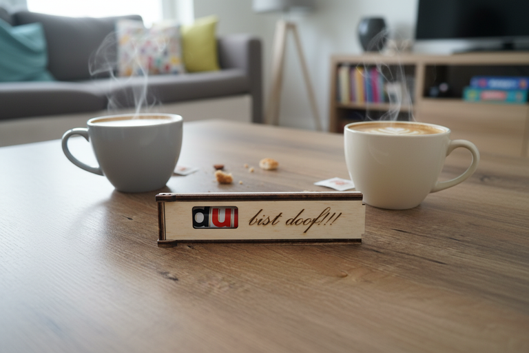 Holzgeschenk Du bist doof auf Holztisch mit Kaffeetassen - lustiges Mitbringsel