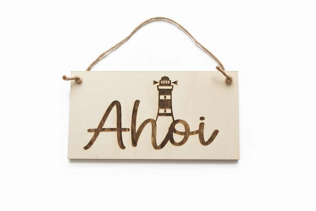 Holzschild Ahoi Leuchtturm – Produktfoto weißer Hintergrund