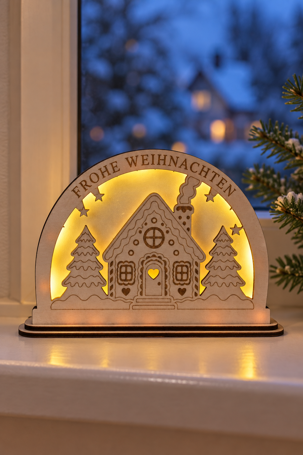 Beleuchtete Weihnachtslampe aus Holz auf einer Fensterbank am Winterabend