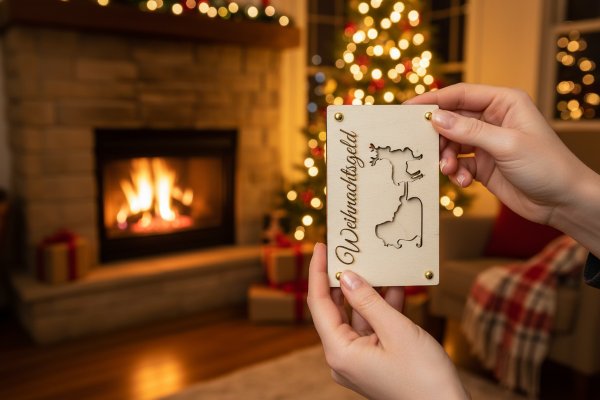 Holztafel Weihnachtsgeld am Kamin