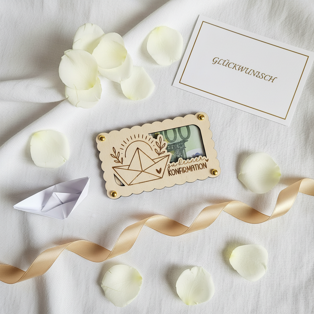 Lifestyle Geldgeschenk Konfirmation Papierschiff Flatlay