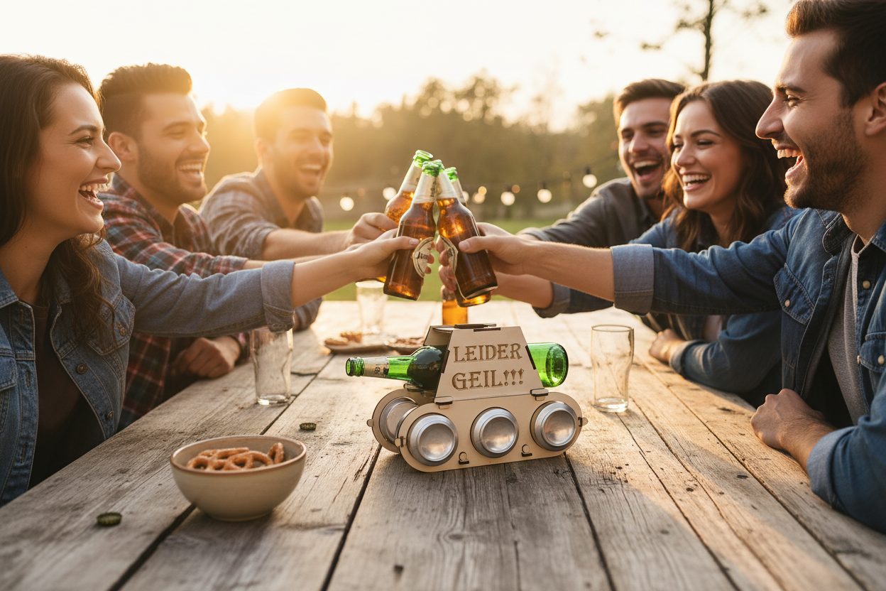Lifestyle Foto – Freunde feiern mit dem Panzer Bierhalter Leider Geil