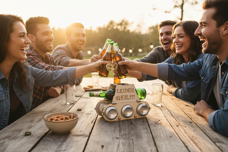 Lifestyle Foto – Freunde feiern mit dem Panzer Bierhalter Leider Geil
