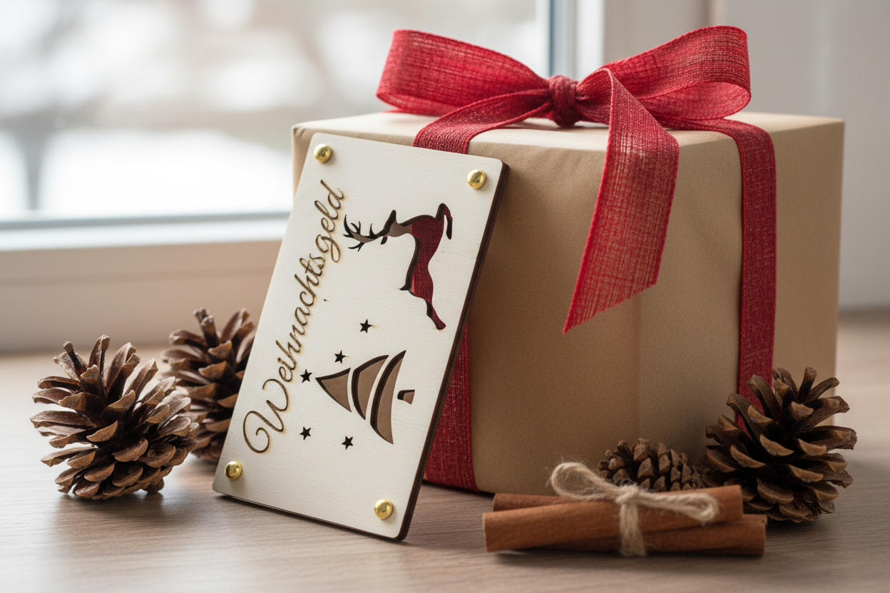 Holztafel Weihnachtsgeld als Geschenk verpackt