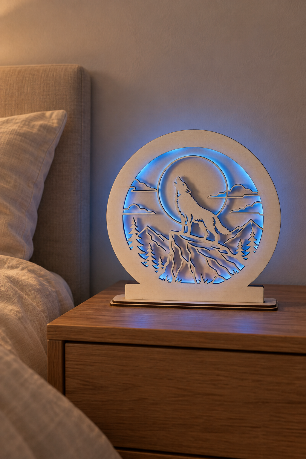 Wolf-Lampe mit blauem RGB-Licht auf einem Nachttisch