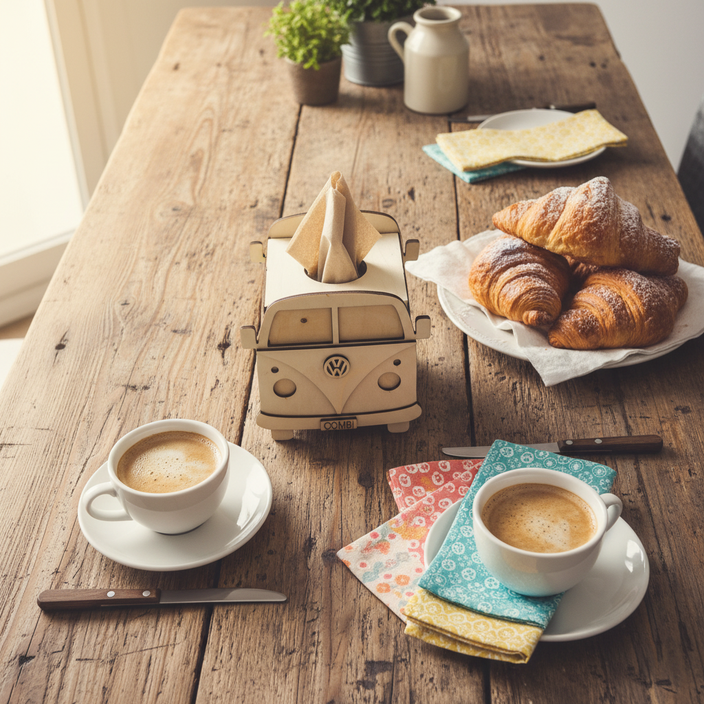 Portasalviette VW Combi in legno su tavolo da colazione rustico