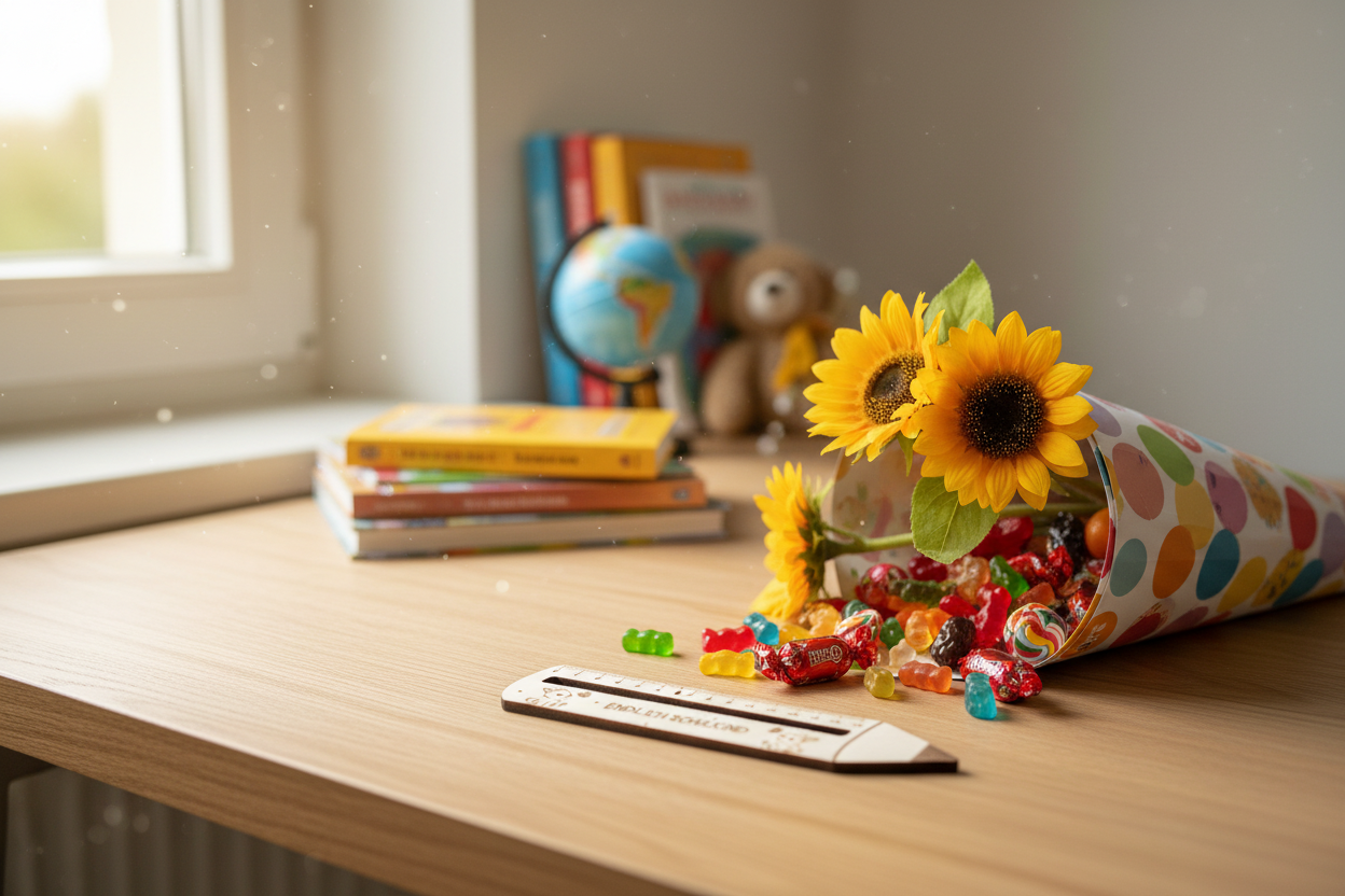 Holzlineal Endlich Schulkind mit Schültüte und Girasoli