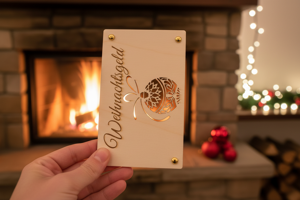 Holztafel Weihnachtsgeld am Kamin