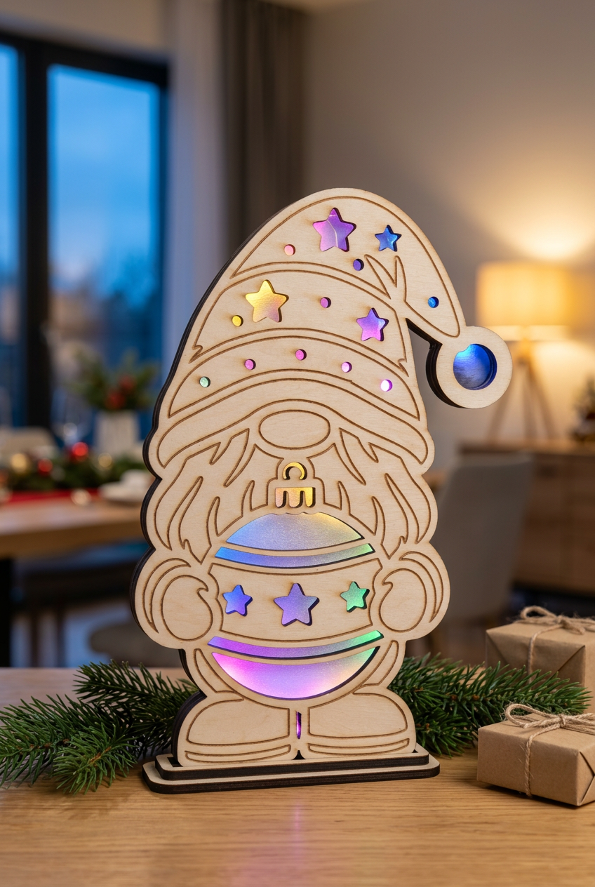 LED-Wichtel aus Holz in weihnachtlicher Dekoration