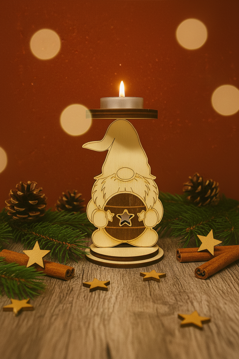 Holz-Teelichthalter Weihnachtsgnome auf rustikalem Tisch mit Weihnachtsdekoration