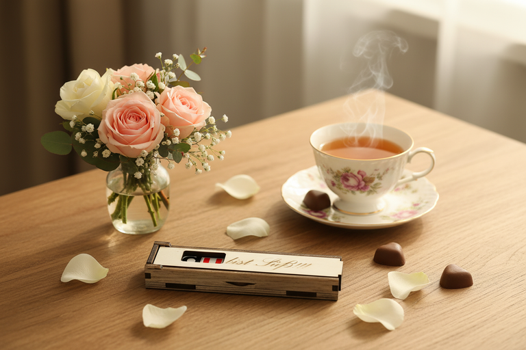 Holzbox Du bist süß auf romantischem Tisch mit Blumen und Tee