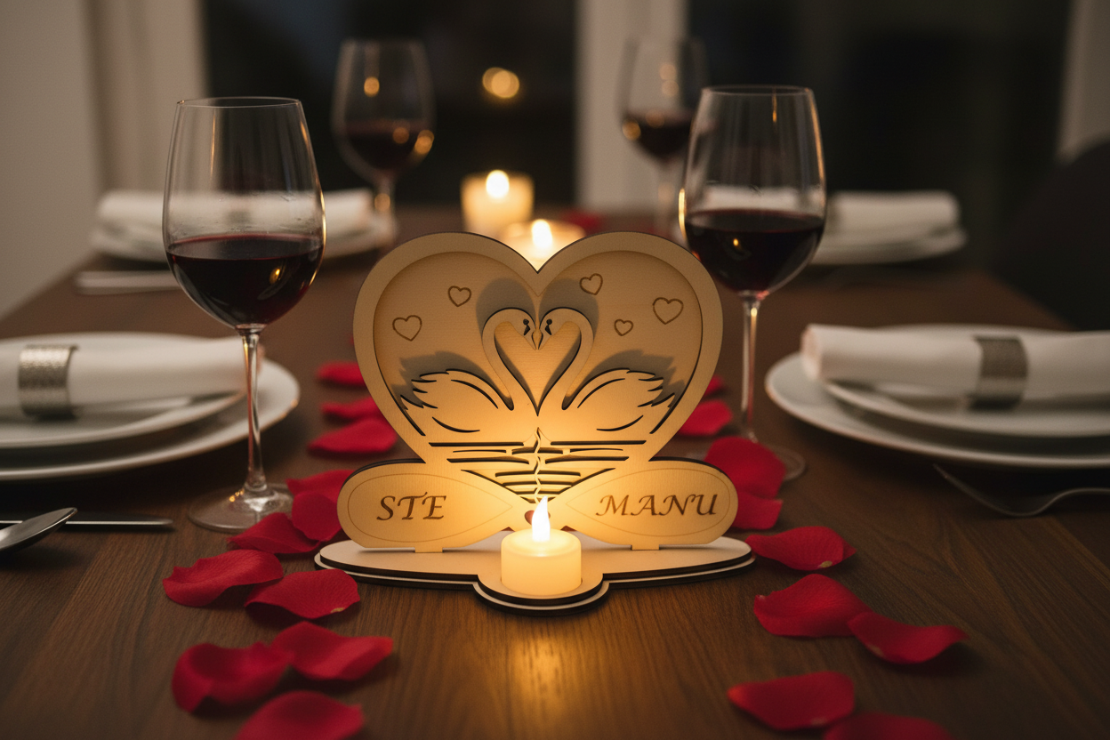 Portacandela cuore con cigni su tavola romantica con candele e petali di rosa
