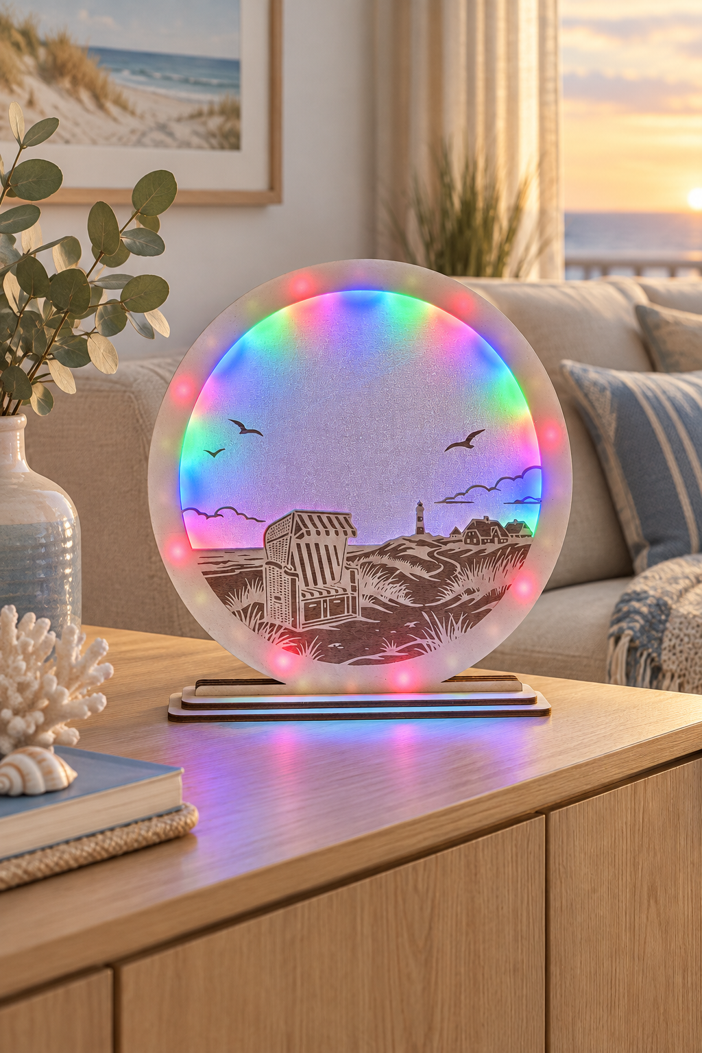 Maritime LED-Lampe mit Küstenmotiv und RGB-Beleuchtung in einem hellen Wohnzimmer