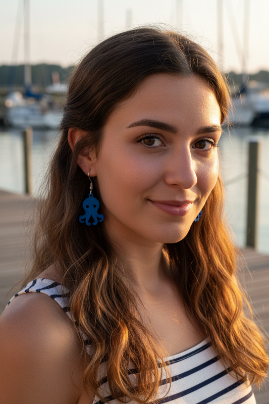 Ragazza che indossa orecchini in legno a forma di polpo blu con gancio in argento 925