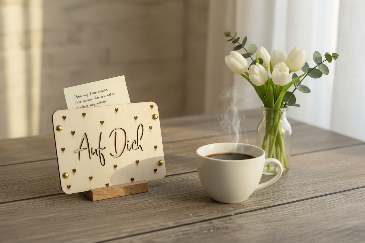 Holzkarte Auf Dich auf Holztisch mit Kaffee - Lifestyle Szene