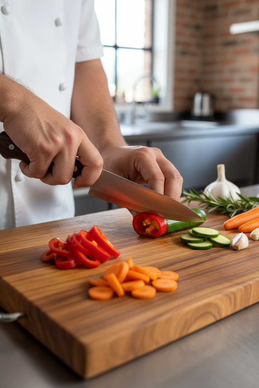 Chef bereitet Essen auf Akazienholz Schneidebrett zu - Handwerkskunst