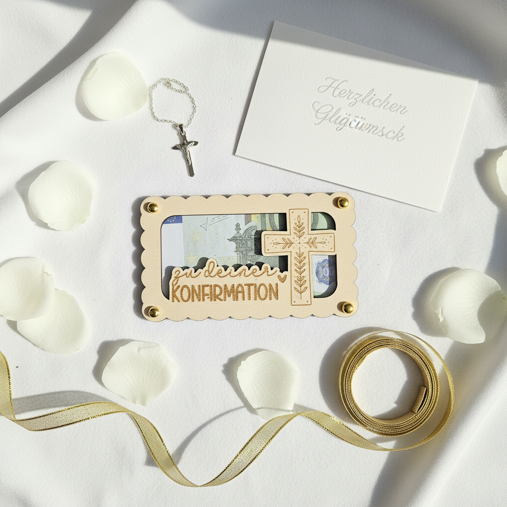Lifestyle Geldgeschenk Konfirmation Flatlay Rosen