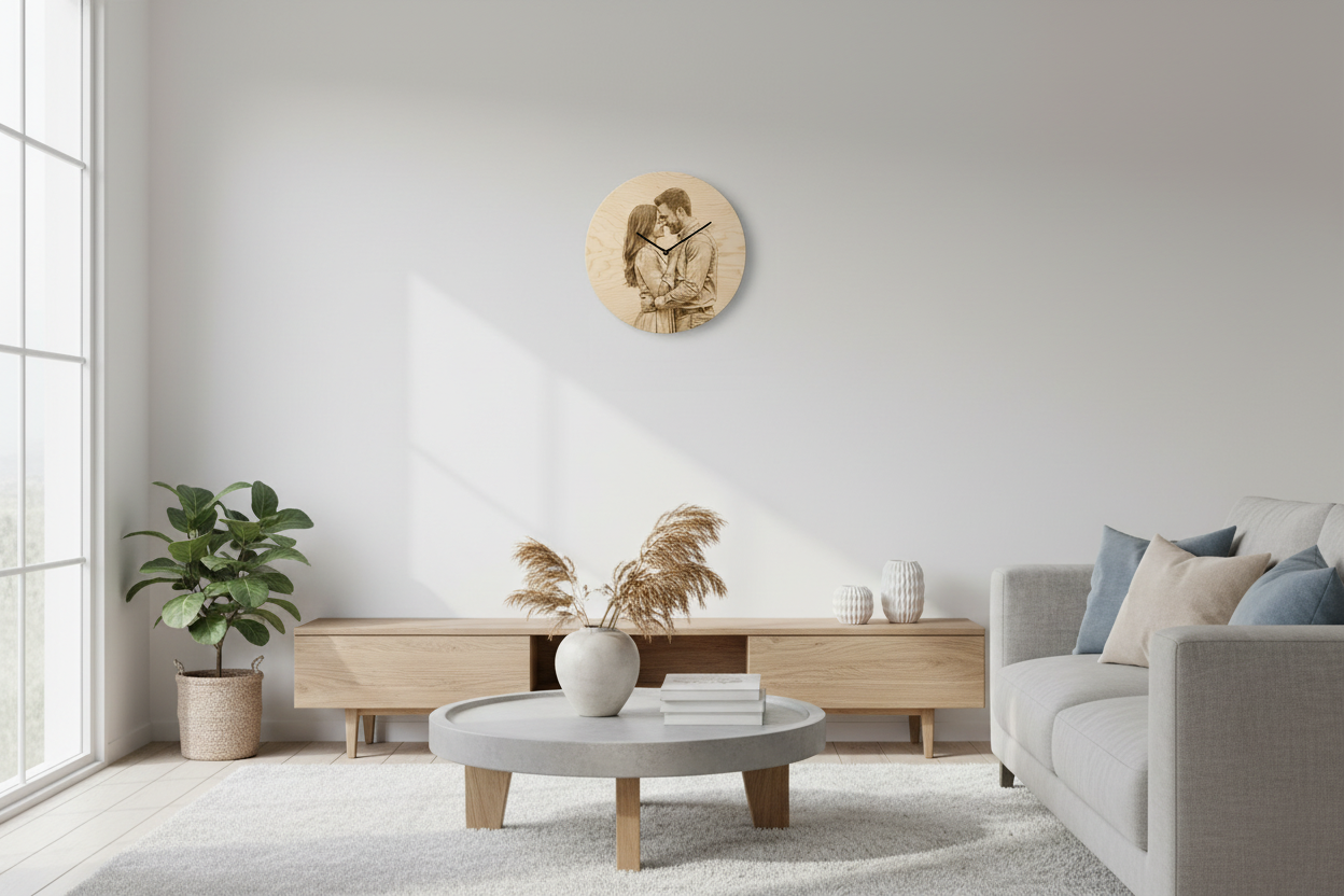 Personalisierte Wanduhr im modernen Wohnzimmer