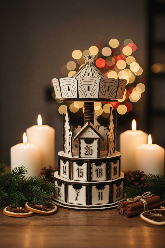 Adventskalender aus Holz – Atmosphäre mit Kerzen und Tannenzweigen