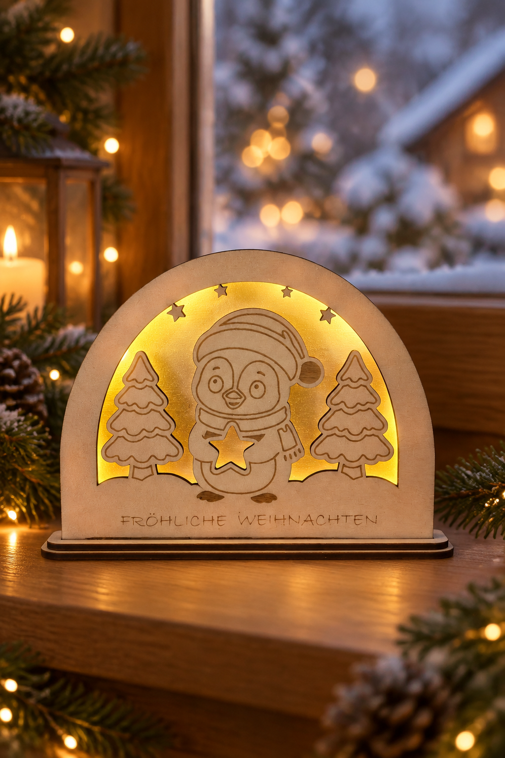 Weihnachtslampe mit Pinguin auf einer festlichen Fensterbank