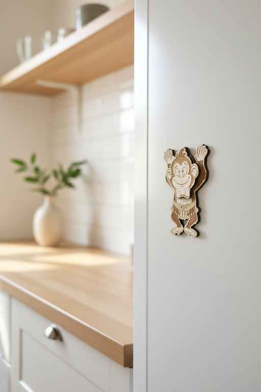 Kühlschrankmagnet Affe am Kühlschrank in moderner Küche