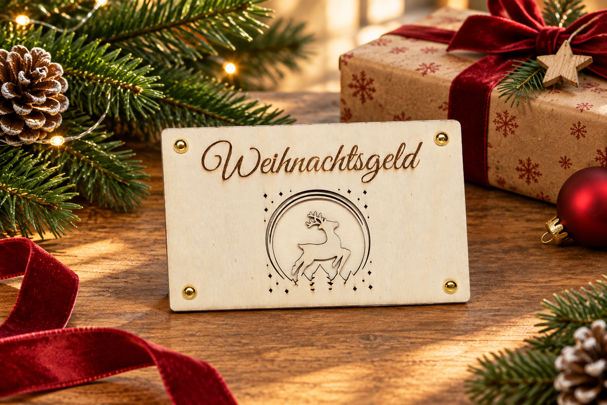 Weihnachtsgeld-Geschenkhalter auf einem festlichen Geschenketisch