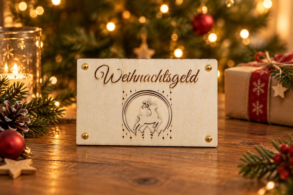 Weihnachtsgeld-Geschenkhalter neben einem Weihnachtsbaum