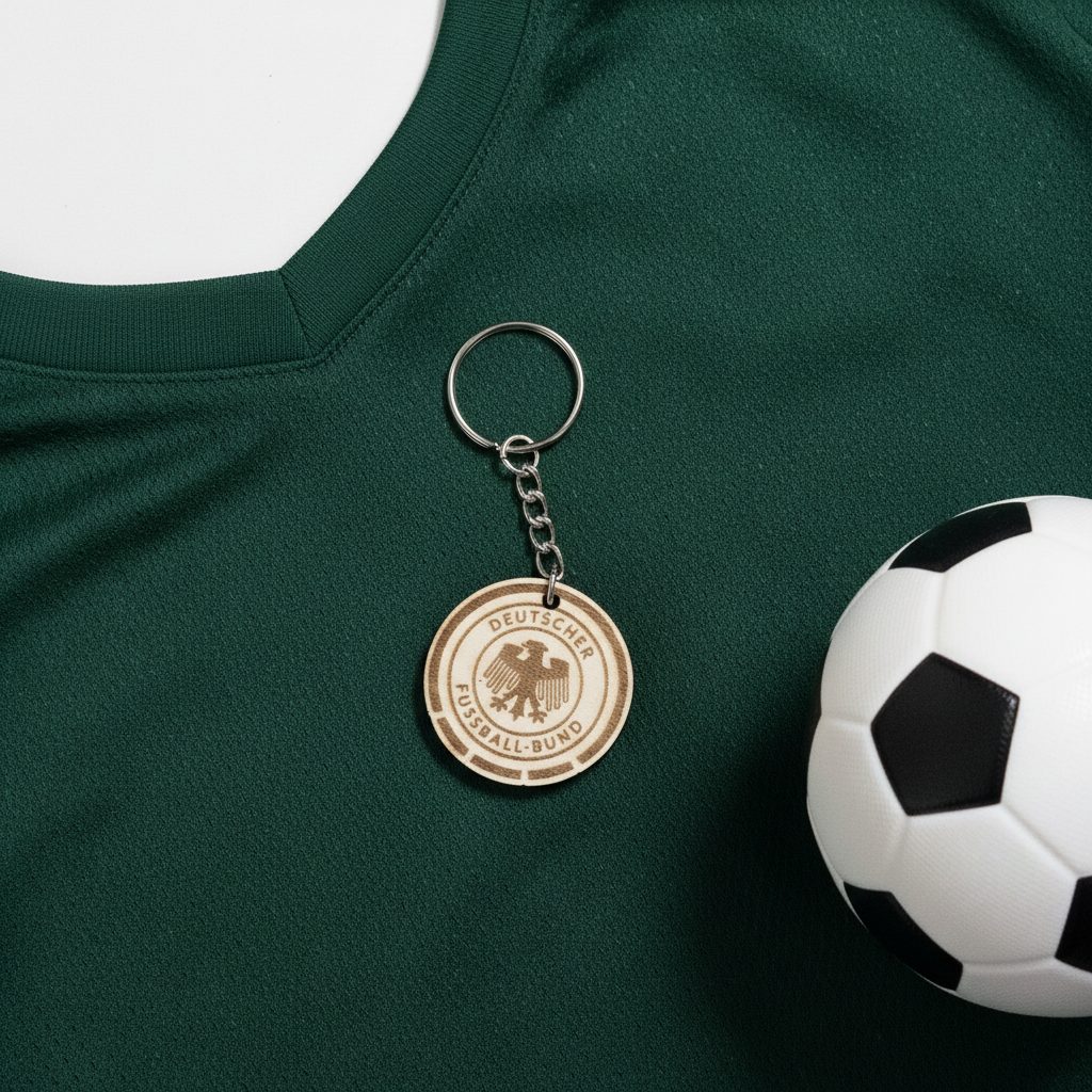 Holz-Schlüsselanhänger DFB Flat Lay auf Fußballtrikot