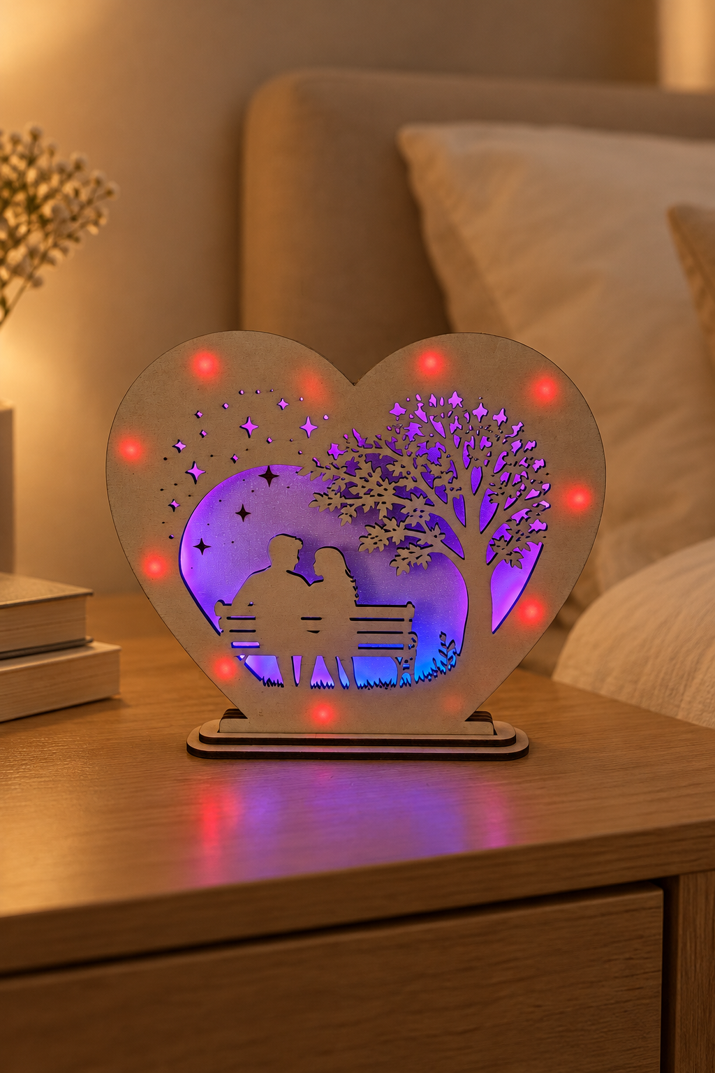 LED-Holzherz mit RGB-Beleuchtung auf dem Nachttisch