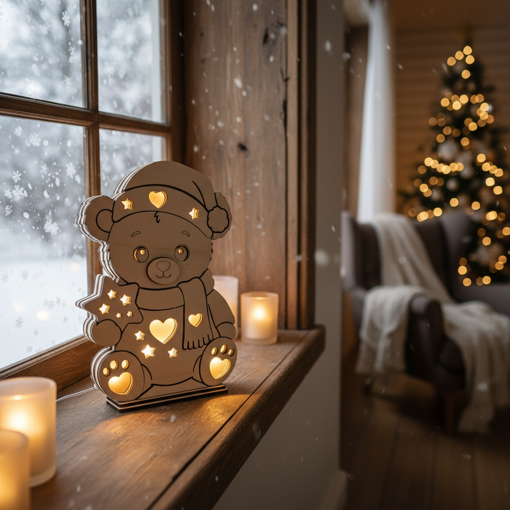 Holz-Teddybär mit LED-Licht auf Fensterbrett mit Schnee draußen