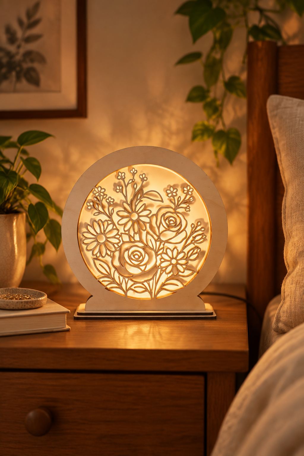 Lampada Blumen su comodino, luce calda accesa