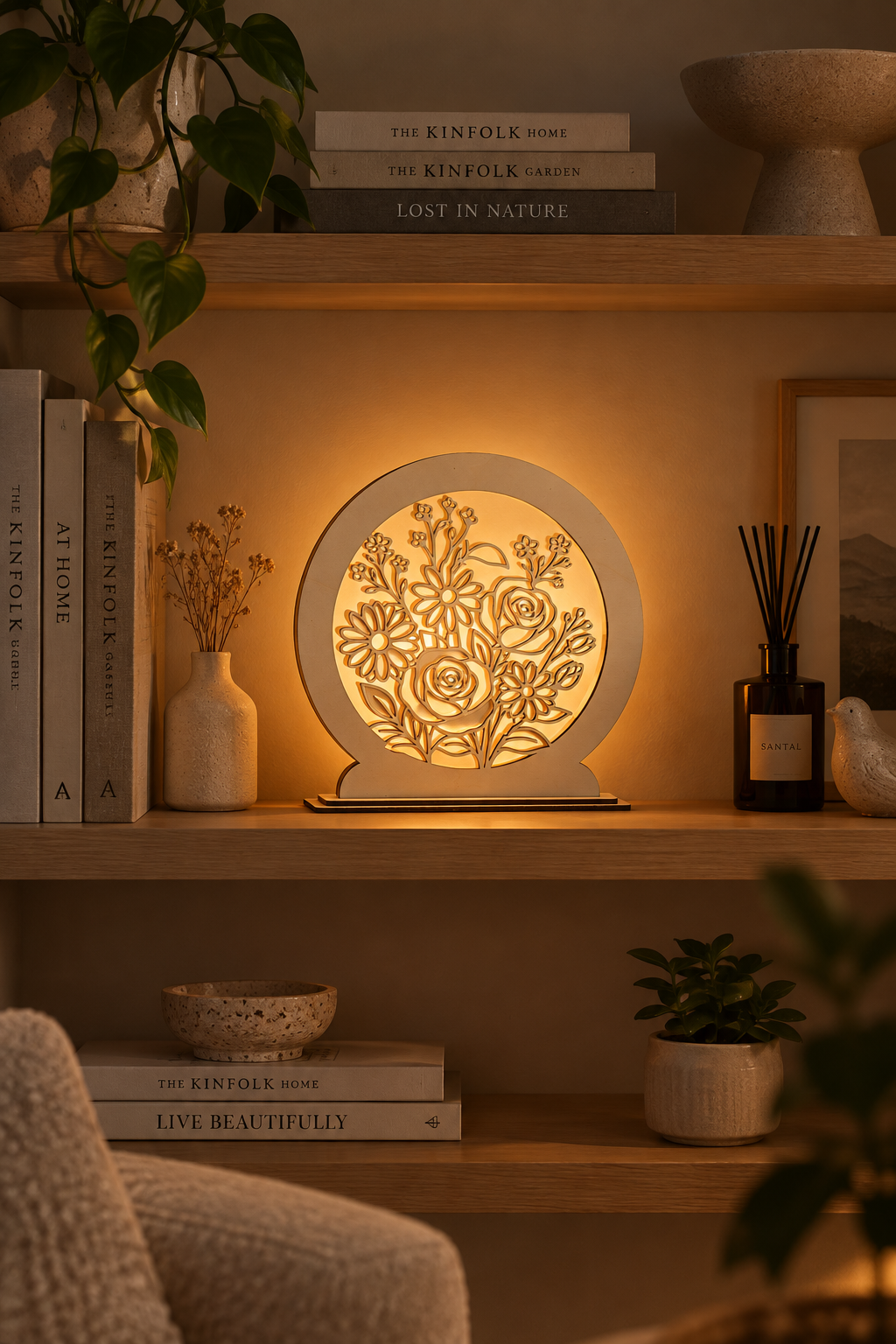 Lampada Blumen su libreria in soggiorno