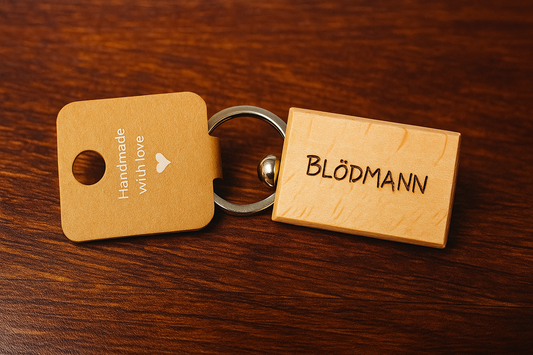 Holz-Metall Schlüsselanhänger – Blödmann Gravur – Lustiges Geschenk – Handmade mit Lasergravur – 90x32 mm